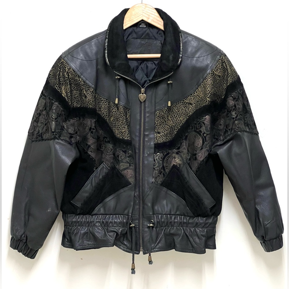 VTG Jacqueline Ferrar Black Leather Suede Patchwork Zipper Jacket Pockets Size S